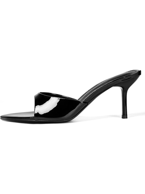 ISNOM Women\'s Black Rubber Square Toe Ankle Buckle Strap Kitten Heels Sandal